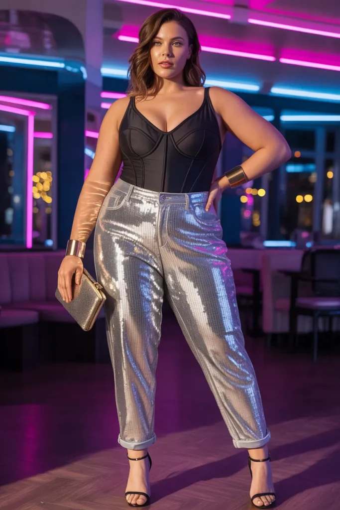 Plus Size Sequined Boyfriend Jeans and Structured Bodysuit Summer Club Outfit