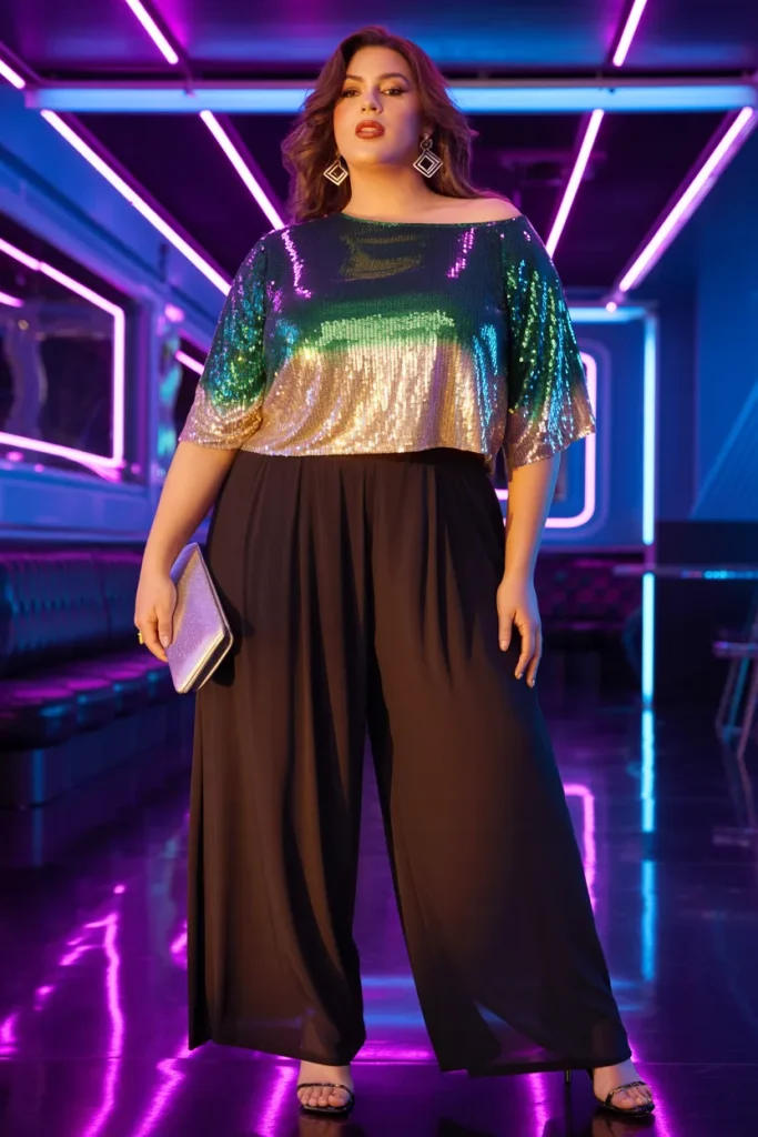 Plus Size Sequined Ombré Crop Top and High-Waisted Palazzo Pants Summer Club Outfit