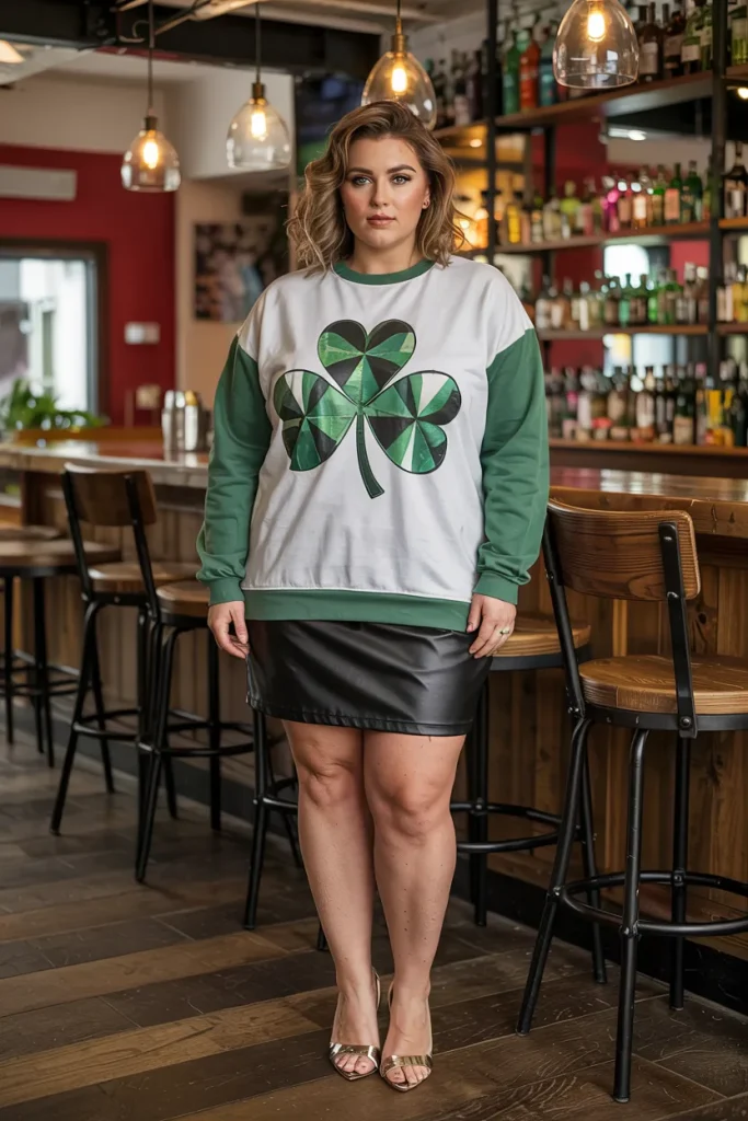 Plus Size Shamrock Graphic Sweatshirt With Faux Leather Skirt Outfit
