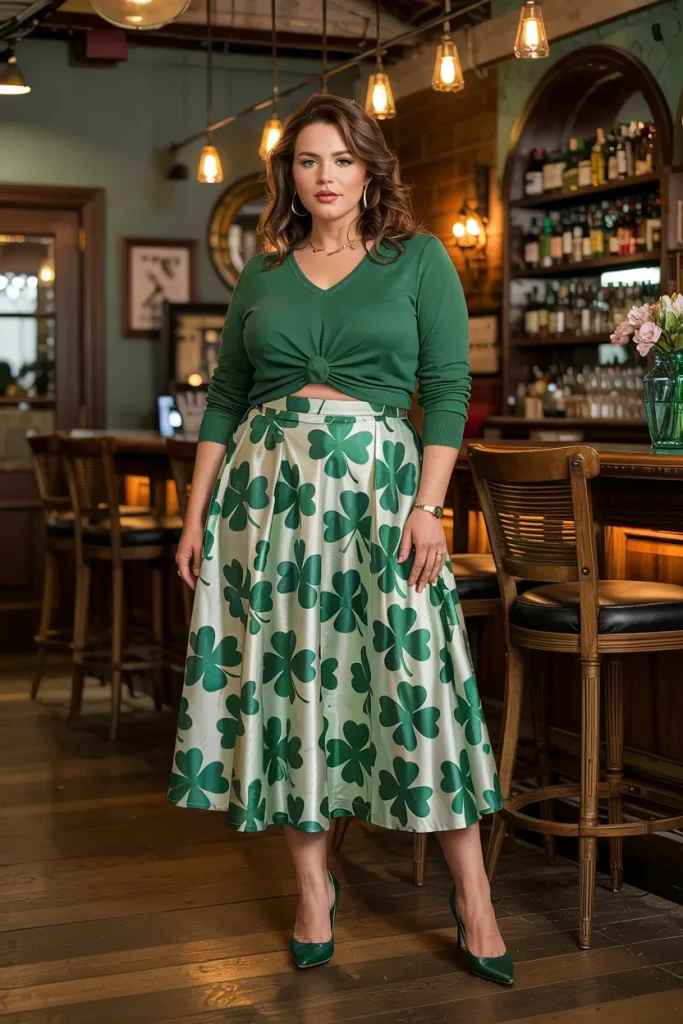 Plus Size Shamrock Print Midi Skirt With Tucked Sweater Outfit