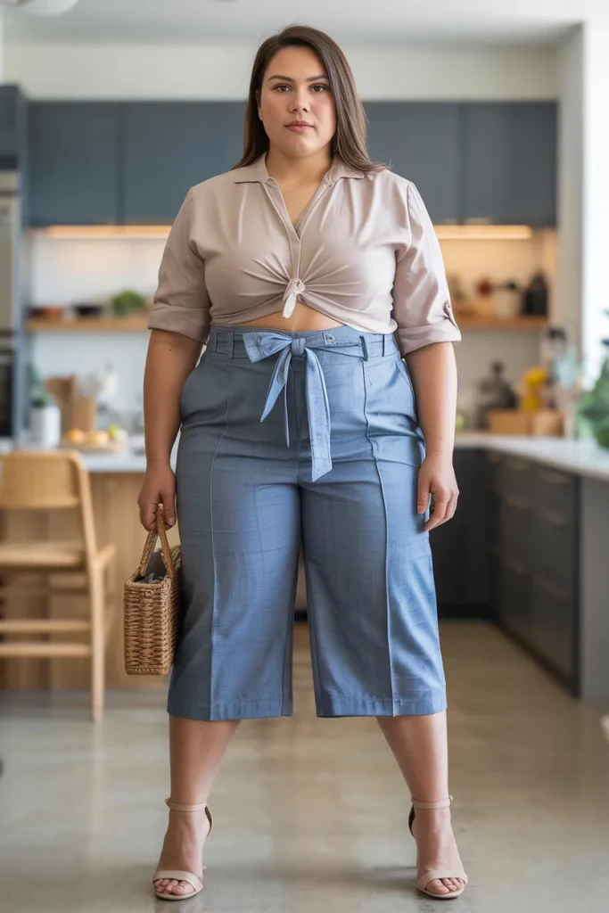 Plus Size Side Tie Chambray Culotte Summer Outfit
