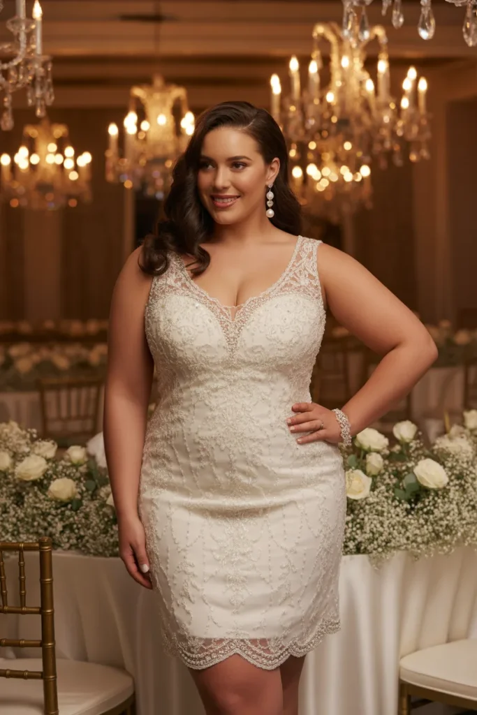 Plus Size Sleeveless Beaded Lace Mini Short Wedding Dress