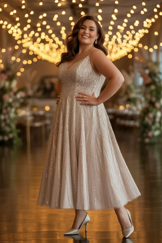 Plus Size Sparkly Midi Wedding Dress