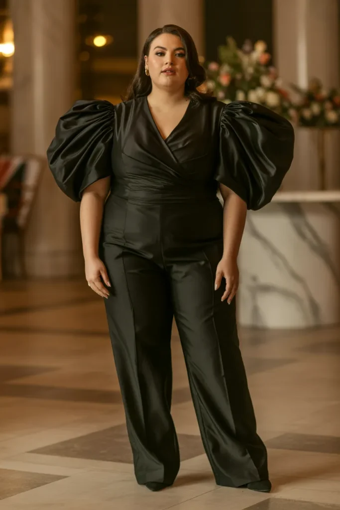 Plus Size Statement Puff Sleeve Jumpsuit Black Wedding Dress