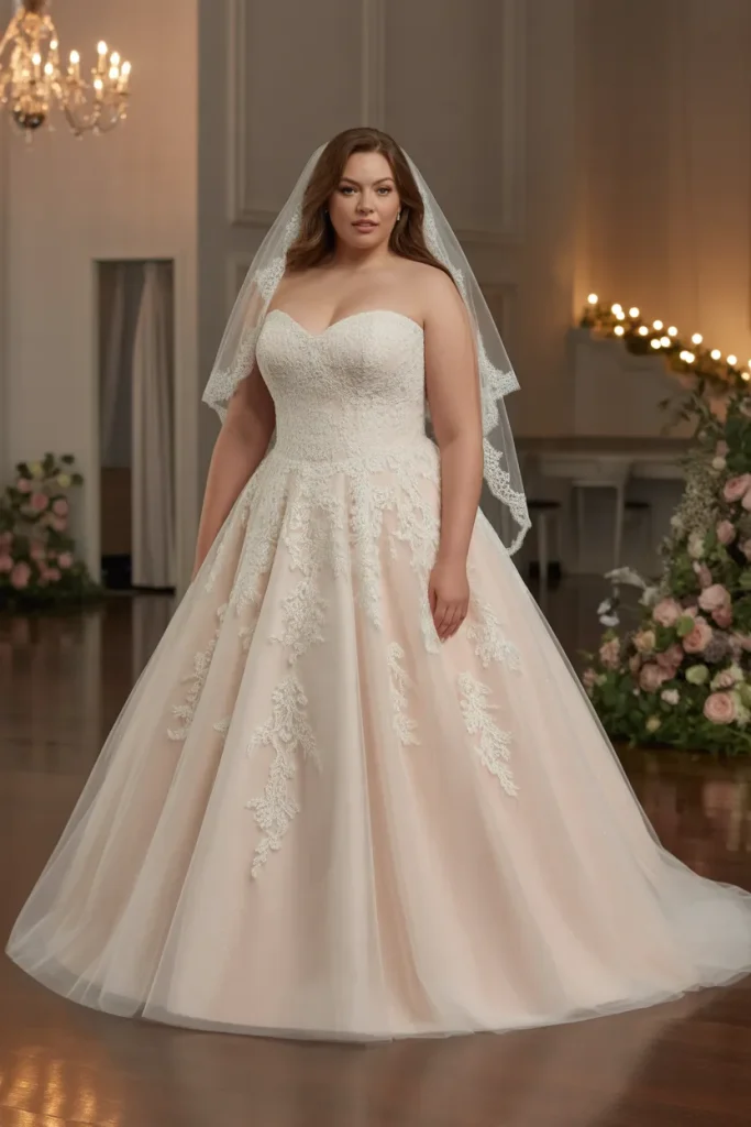 Plus Size Strapless A Line Wedding Dress with Lace and Tulle
