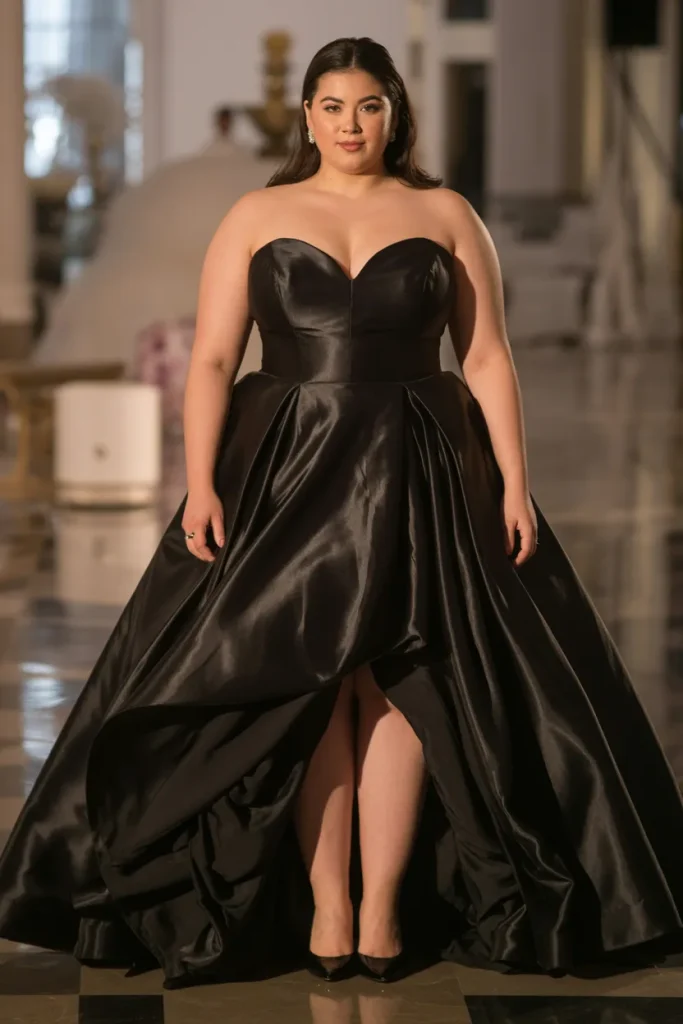 Plus Size Strapless Satin Ball Gown Black Wedding Dress with Front Split