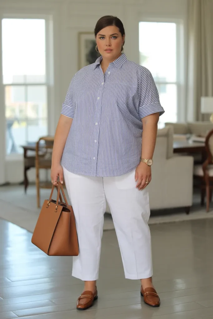 Plus Size Striped Cotton Popover Summer Outfit