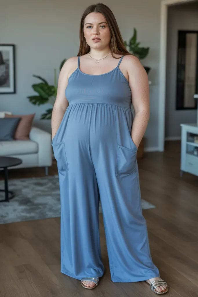 Plus Size Summer Adjustable Spaghetti Strap Jumpsuit with Pockets Pregnancy Outfit