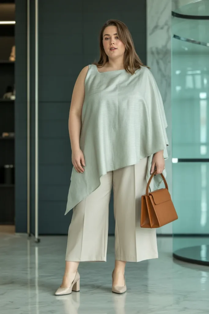 Plus Size Summer Asymmetrical Linen Tunic and Cropped Wide Leg Trousers Business Casual Outfit