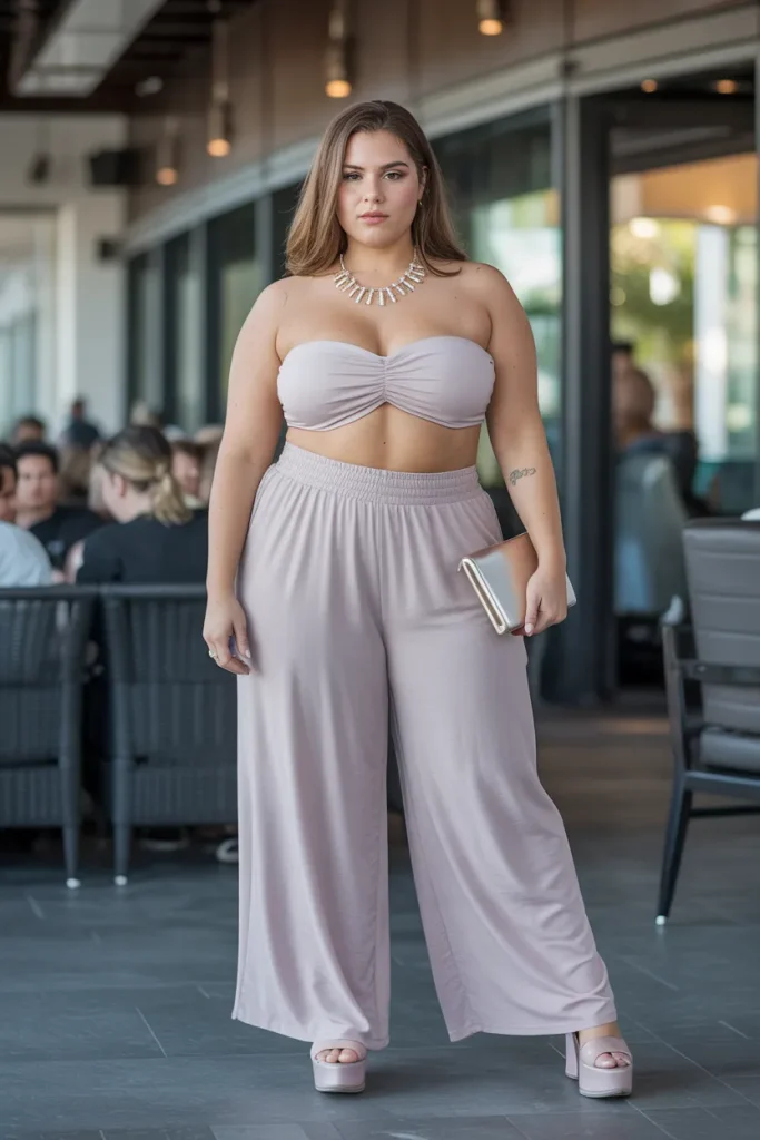 Plus Size Summer Bandeau Crop Top and Palazzo Set Vegas Outfit