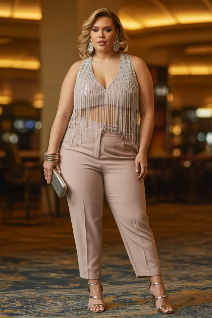 Plus Size Summer Beaded Fringe Vest and Cigarette Pants Vegas Outfit