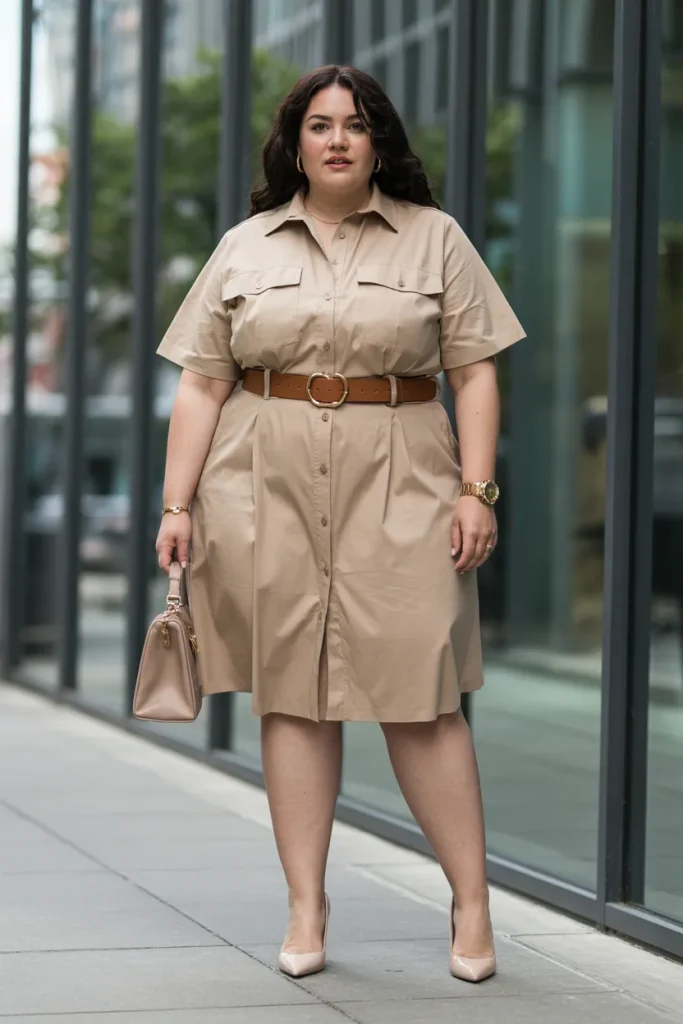 Plus Size Summer Belted Safari Shirtdress Business Casual Outfit