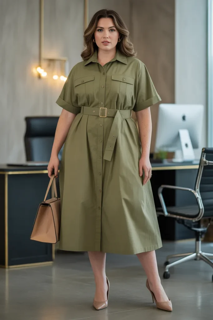 Plus Size Summer Belted Utility Shirtdress Office Outfit