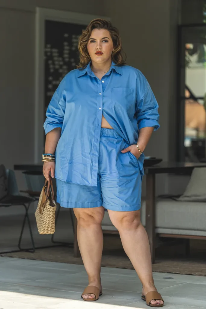 Plus Size Summer Bermuda Shorts and Oversized Linen Shirt European Outfit