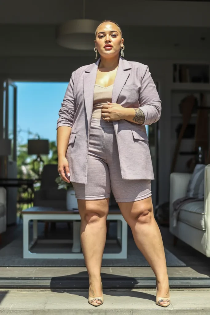 Plus Size Summer Bike Shorts Paired with Structured Blazer Outfit