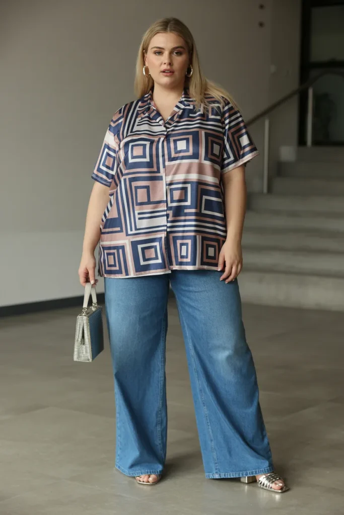 Plus Size Summer Bold Geometric Print Top with Wide Leg Jeans Outfit