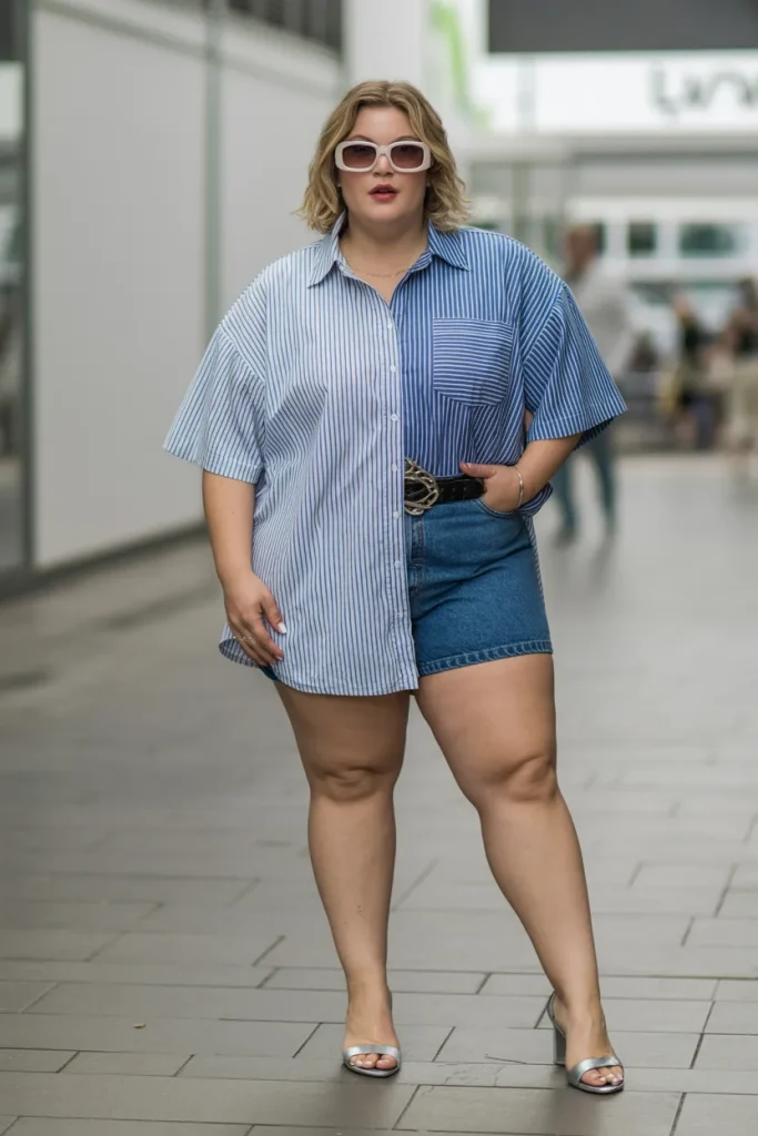 Plus Size Summer Bold Striped Button Down with Shorts Jeans Outfit