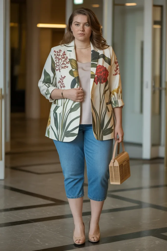 Plus Size Summer Botanical Print Blazer with Capri Jeans Outfit