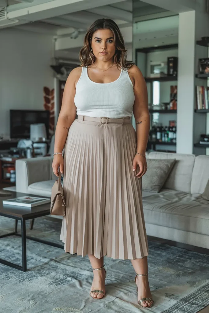 Plus Size Summer Box Pleat Midi Skirt and Ribbed Tank European Outfit