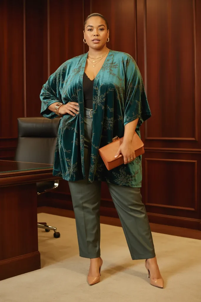 Plus Size Summer Burnout Velvet Kimono and Straight Leg Pants Business Casual Outfit