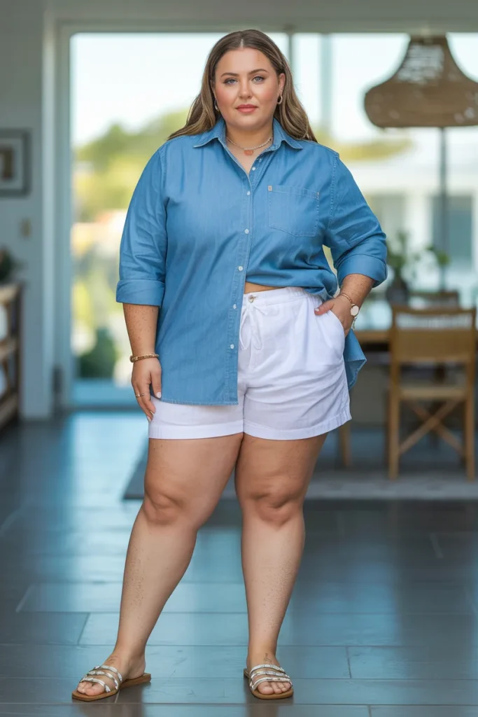 Plus Size Summer Chambray Button Down and White Linen Shorts Outfit