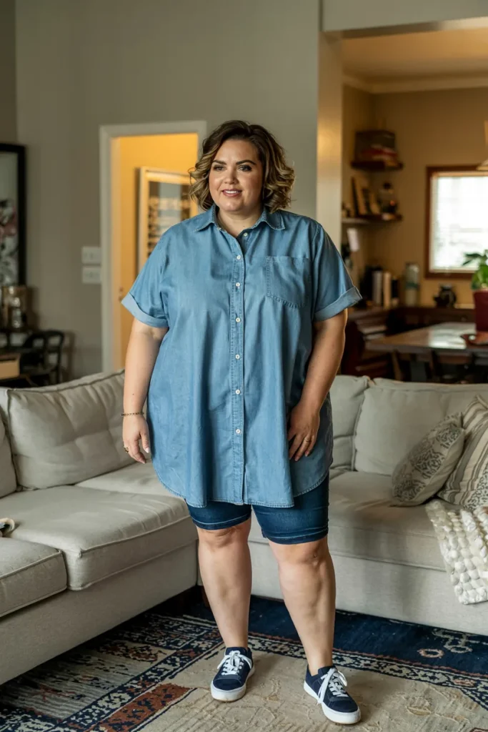 Plus Size Summer Chambray Shirtdress and Biker Shorts Mom Outfit