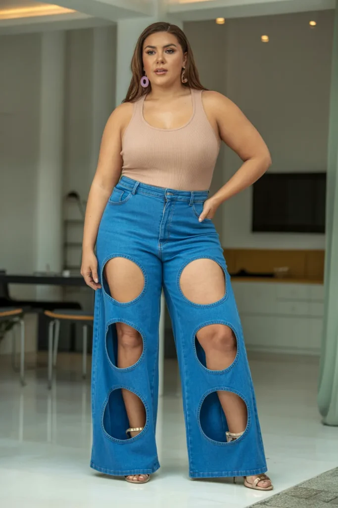Plus Size Summer Circular Cutout Wide-Leg Jeans