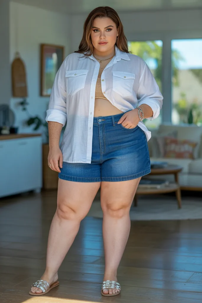 Plus Size Summer Classic Denim Shorts with White Linen Button Down Shirt Outfit