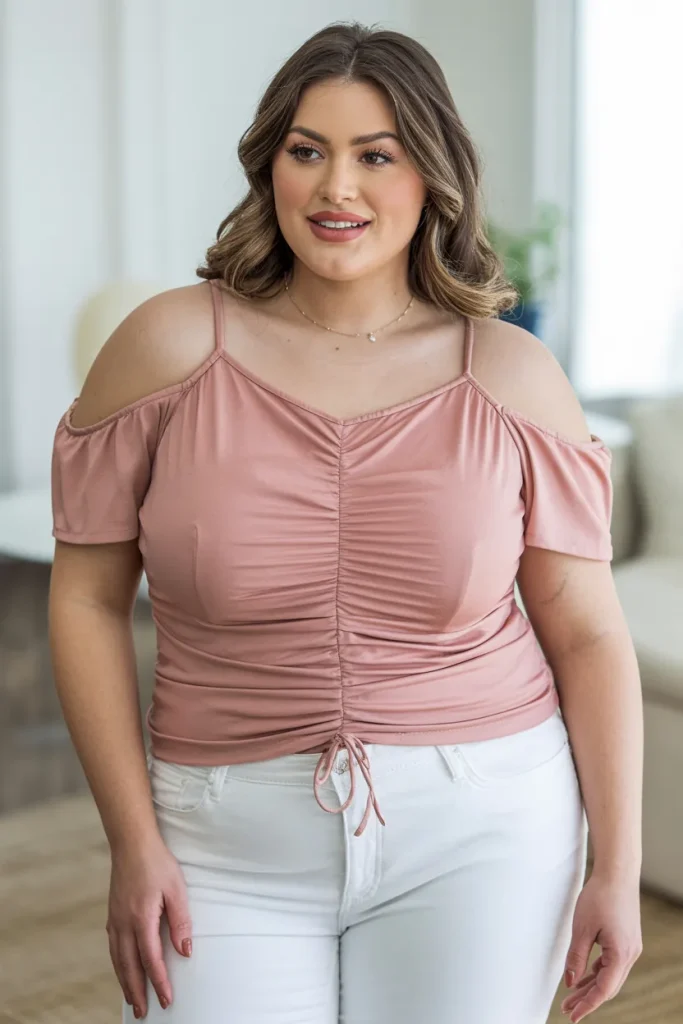 Plus Size Summer Cold Shoulder Ruched Top with White Skinny Jeans Outfit