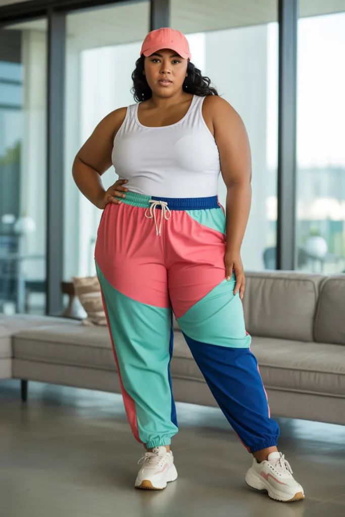 Plus Size Summer Color Block Drawstring Jogger Athleisure Outfit