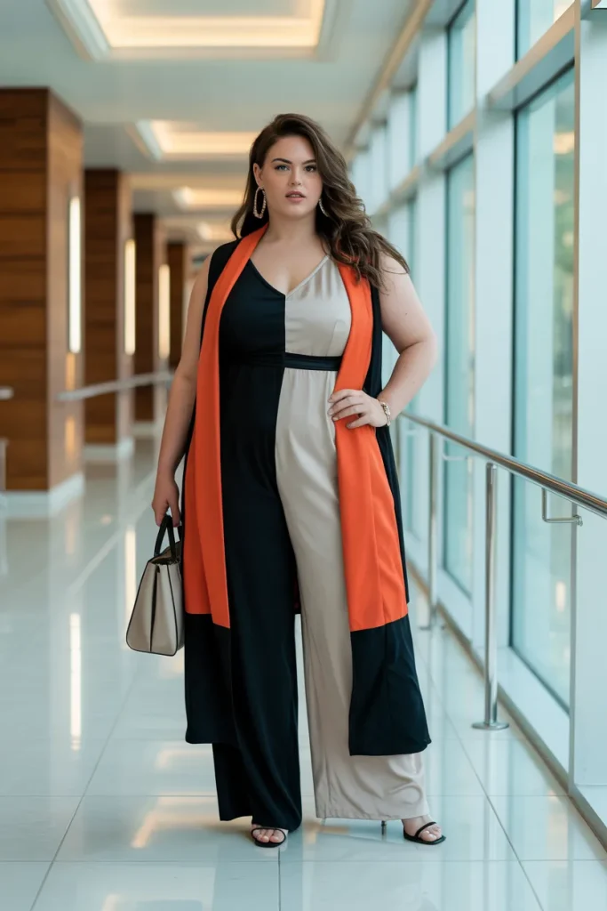 Plus Size Summer Color Block Jumpsuit and Duster Vest Vegas Outfit