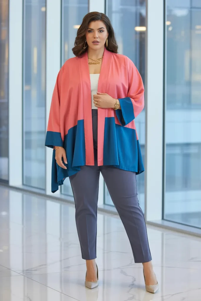 Plus Size Summer Color Block Kimono Cardigan and Slim Ankle Pants Business Casual Outfit