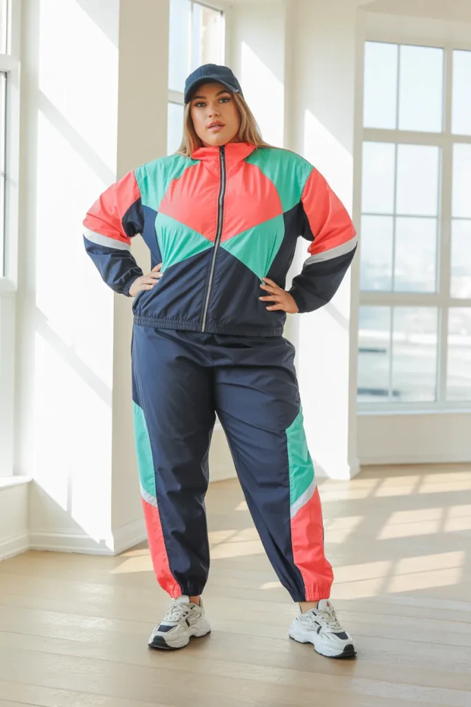 Plus Size Summer Color Block Windbreaker Set Athleisure Outfit