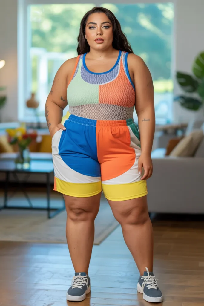 Plus Size Summer Color Blocked Athletic Shorts and Mesh Tank Outfit