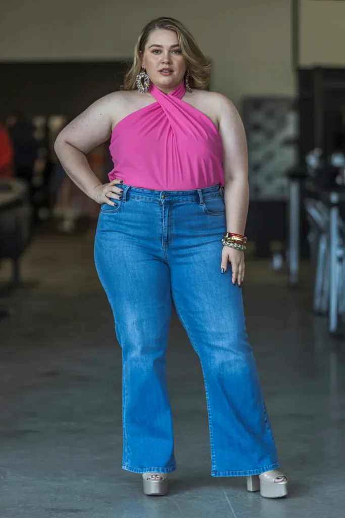 Plus Size Summer Color Pop Halter with Bootcut Jeans Outfit