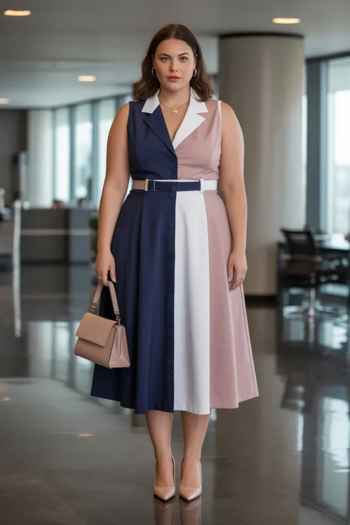 Plus Size Summer Colorblock Midi Vest Dress Office Outfit