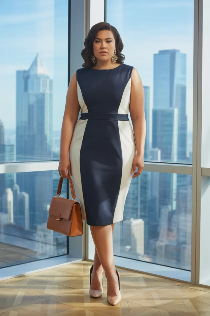Plus Size Summer Colorblock Sheath Dress Business Casual Outfit
