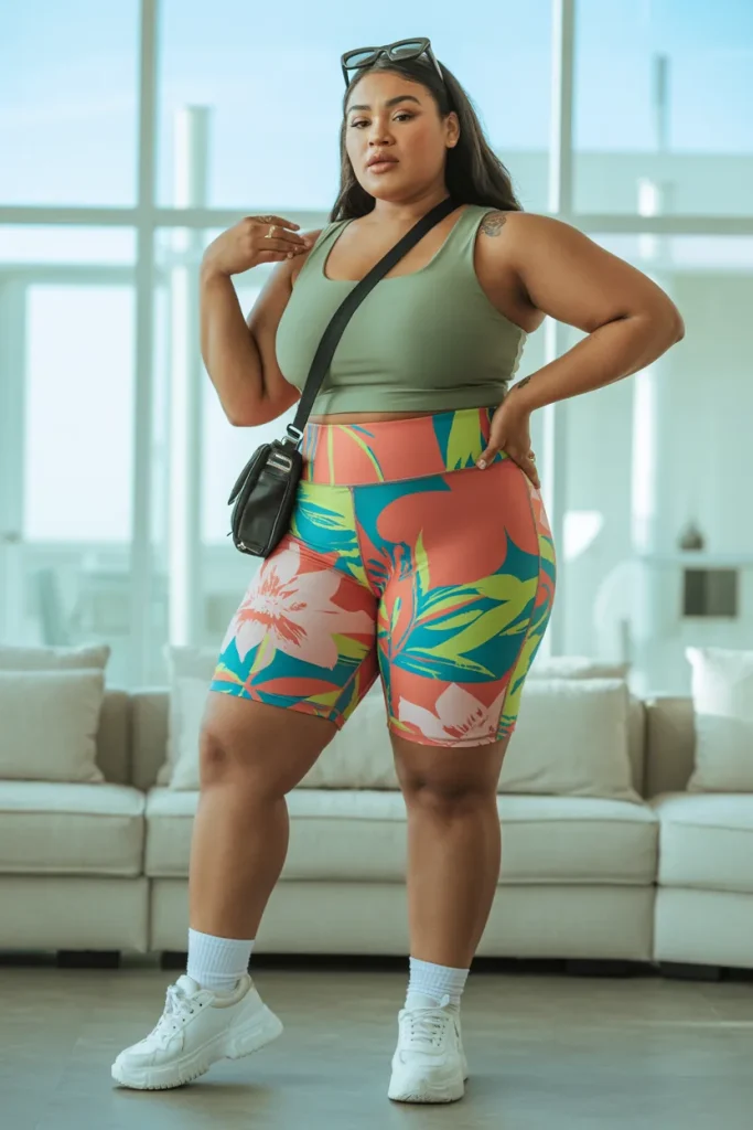 Plus Size Summer Colorful Printed Bike Short Athleisure Outfit