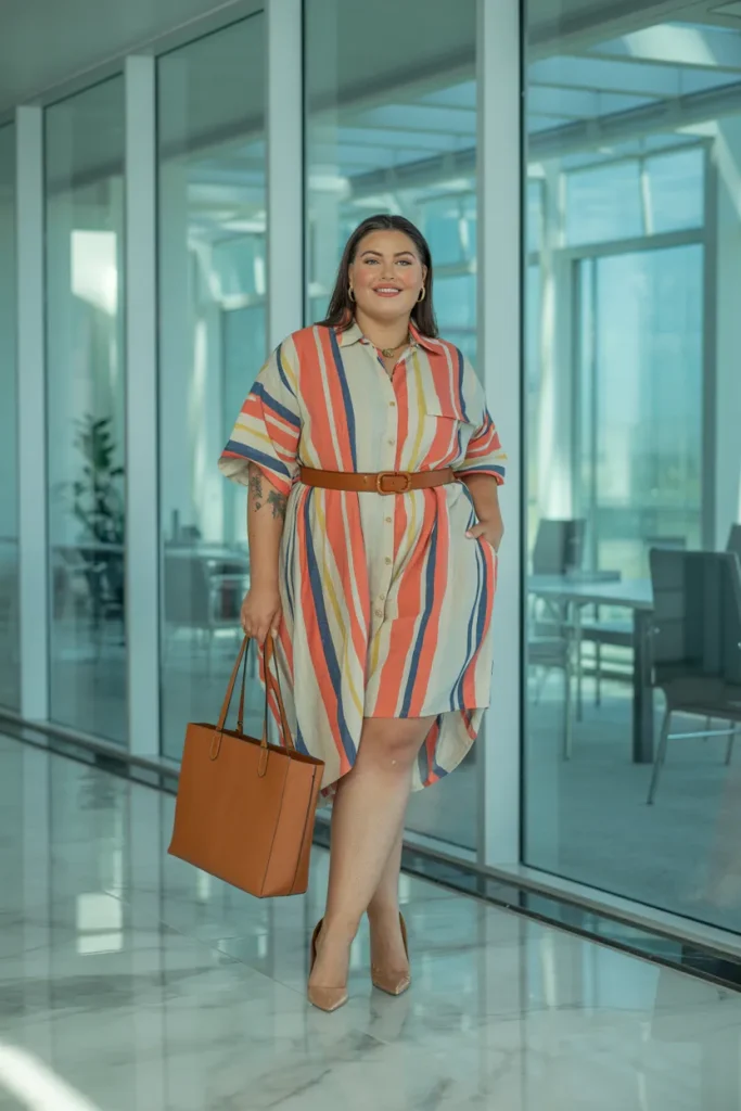 Plus Size Summer Colorful Striped Linen Shirtdress Business Casual Outfit