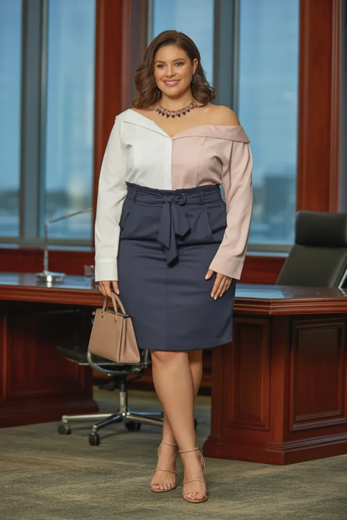 Plus Size Summer Convertible Off Shoulder Blouse and Paper Bag Waist Skirt Business Casual Outfit