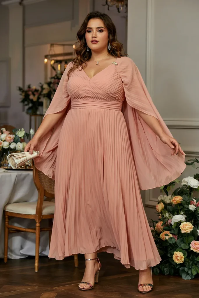 Plus Size Summer Coral Pleated Chiffon Cape Sleeve Wedding Guest Dress