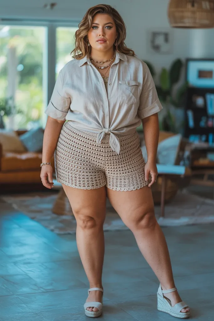 Plus Size Summer Crochet Shorts and Linen Button Up Outfit
