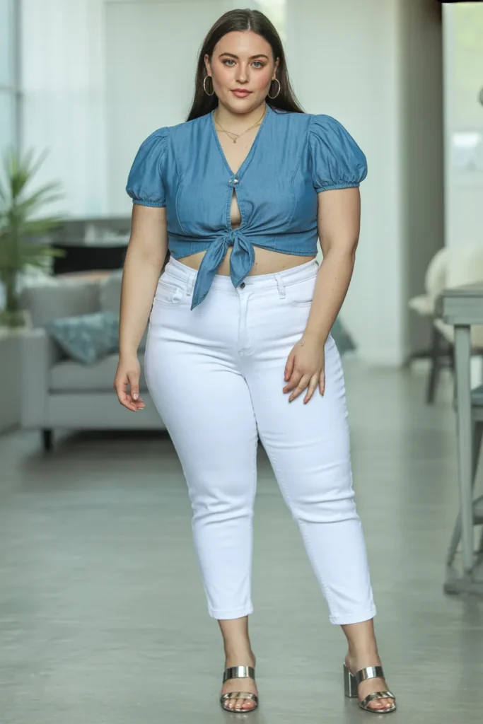 Plus Size Summer Cropped Tie Front Chambray with White Jeans Outfit