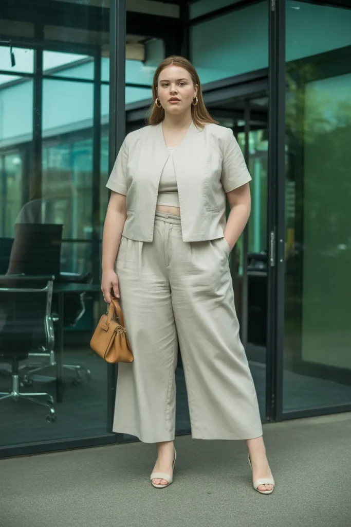 Plus Size Summer Cropped Wide Leg Linen Suit Office Outfit