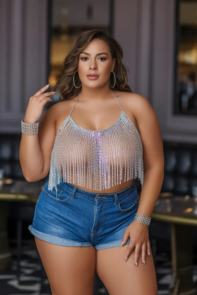 Plus Size Summer Crystal Fringe Top and Denim Shorts Vegas Outfit