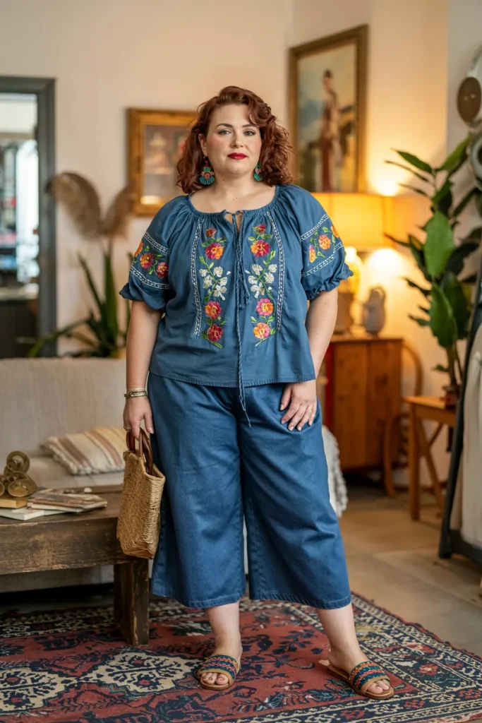 Plus Size Summer Denim Culottes and Embroidered Peasant Top European Outfit