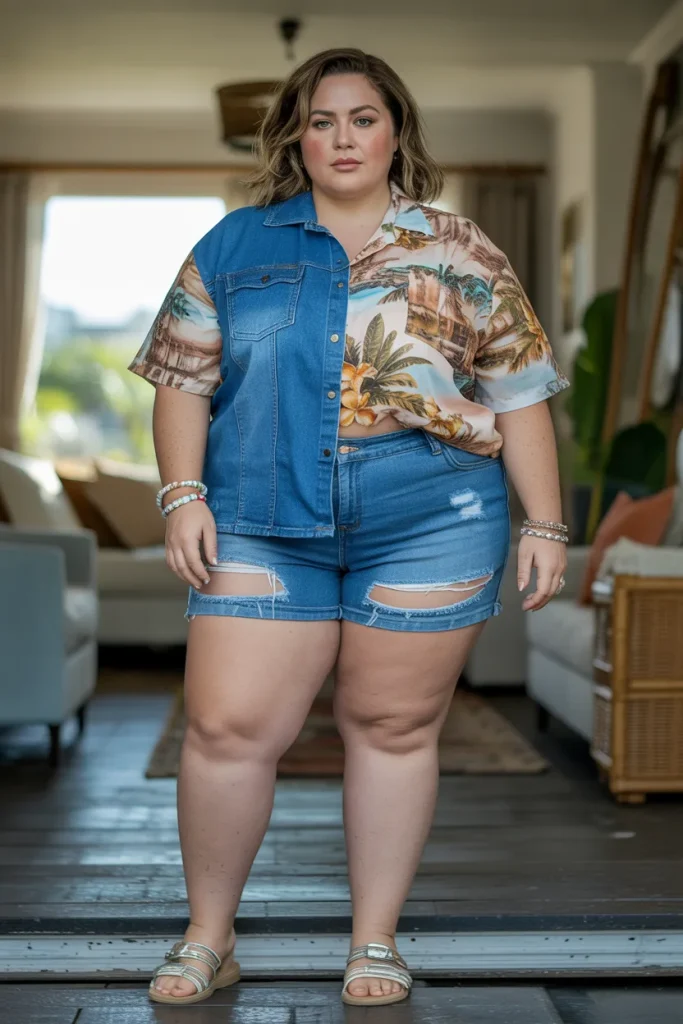 Plus Size Summer Denim Cutoffs and Hawaiian Print Shirt Outfit