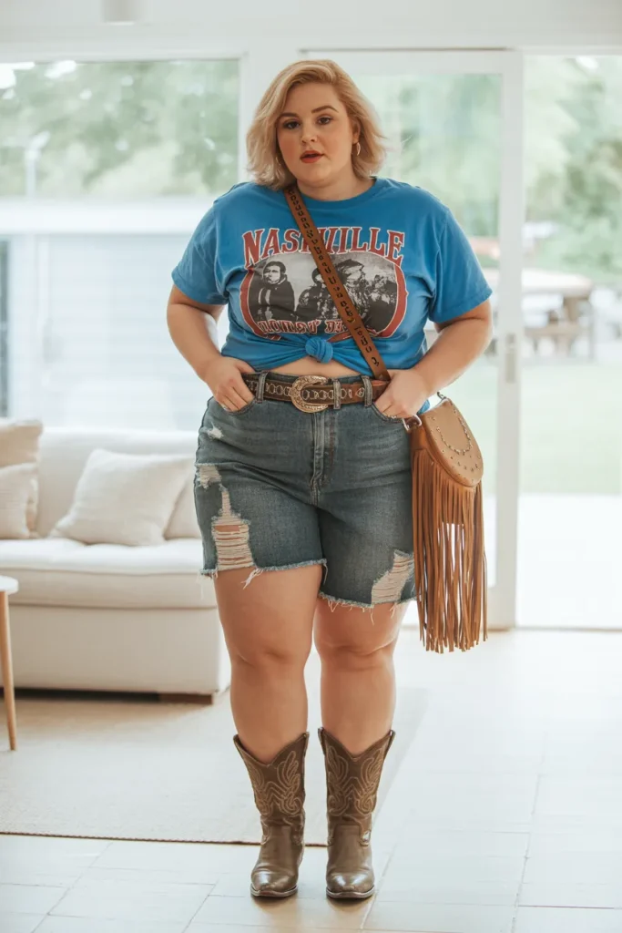 Plus Size Summer Distressed Denim Shorts and Band Tee Nashville Outfit