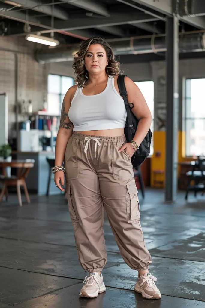 Plus Size Summer Drawstring Cargo Pants and Racer Back Tank Mom Outfit