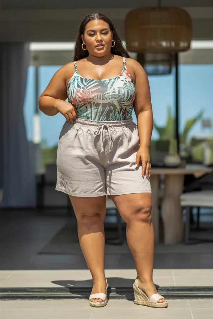 Plus Size Summer Drawstring Linen Shorts and Tropical Print Bodysuit Outfit
